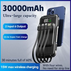 New 30000mah Digital Display Powerbank 22.5W Fast Charging For iPhone Samsung Xiaomi 15W Wireless Charging  Portable Power Bank